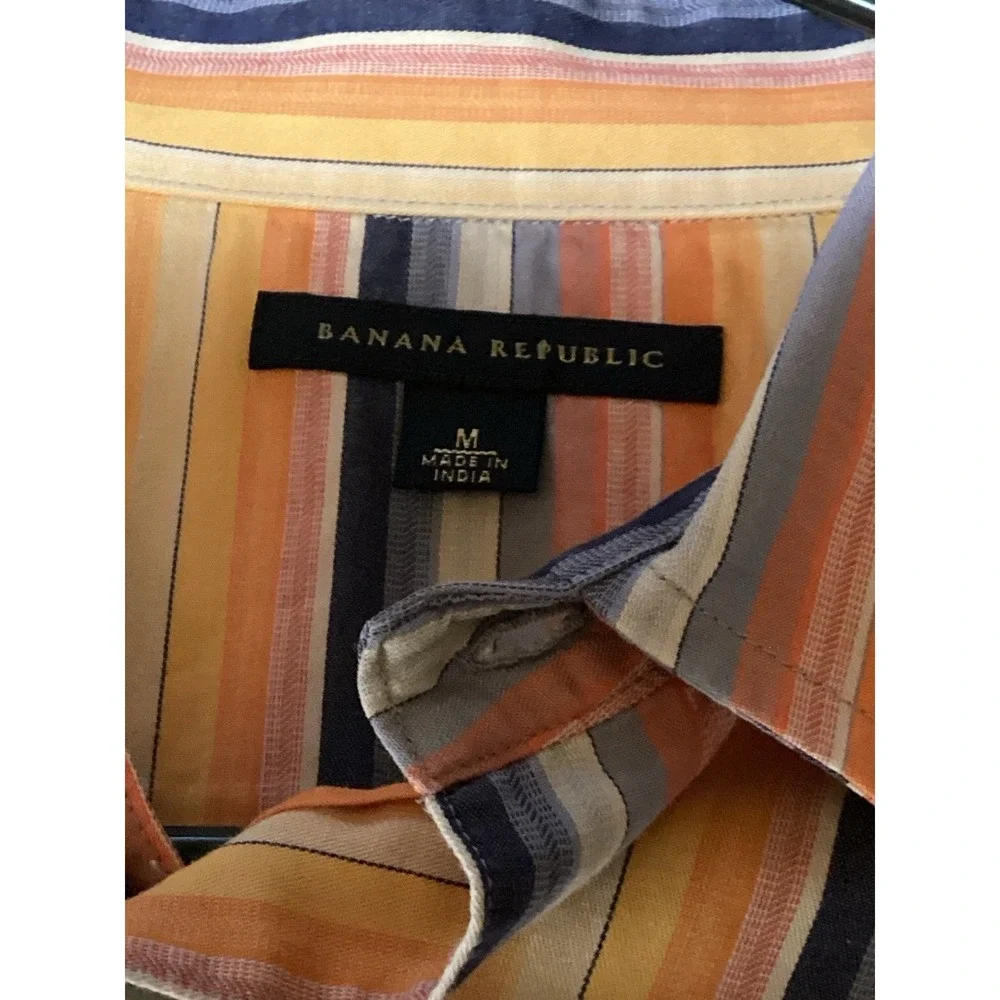 Banana Republic Guayabera Style Short Sleeve Shirt Mens Medium Stripe Embroidery